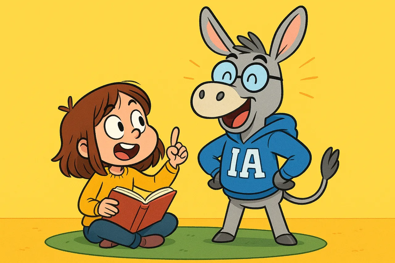 Lina montre un livre à IA et lui pose une question.