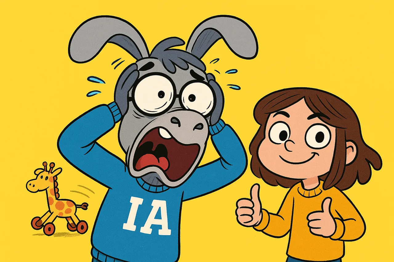 IA réalise son erreur et s'effondre comiquement, Lina lève le pouce.