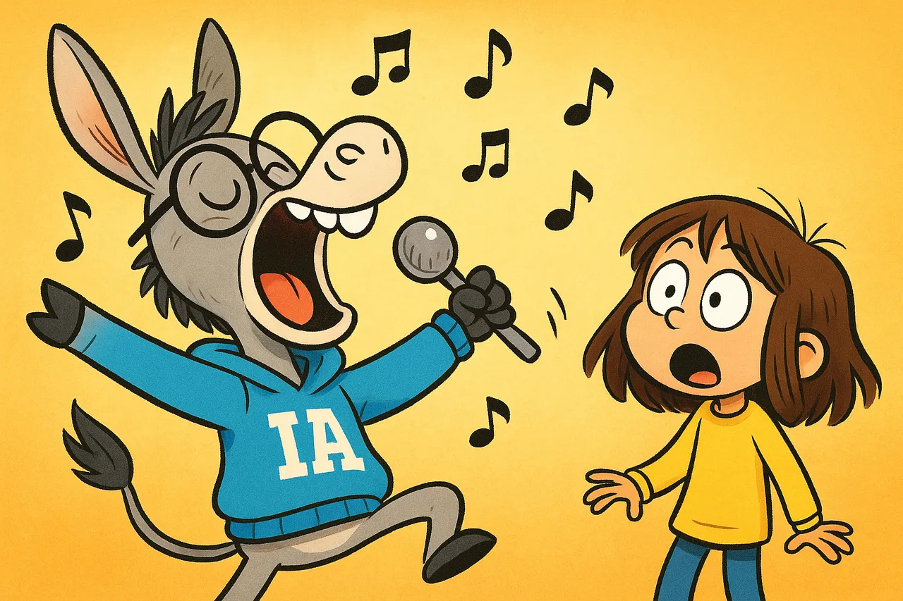 IA chante à pleins poumons avec un micro, des notes de musique partout.