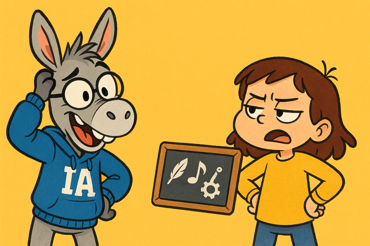 Lina, mains sur les hanches, explique ; IA penaud regarde ses boutons.