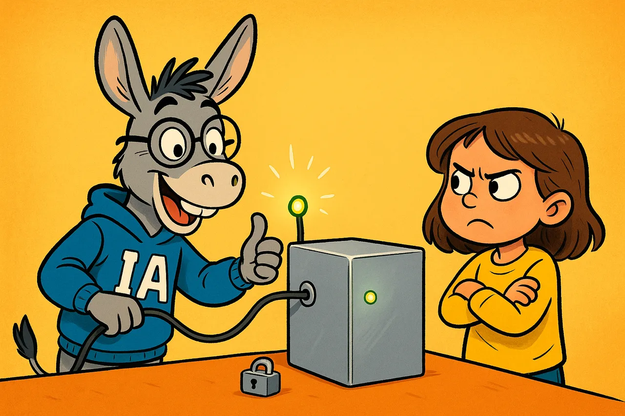 IA se branche sur la boîte avec un câble, tout content ; la boîte s'allume.