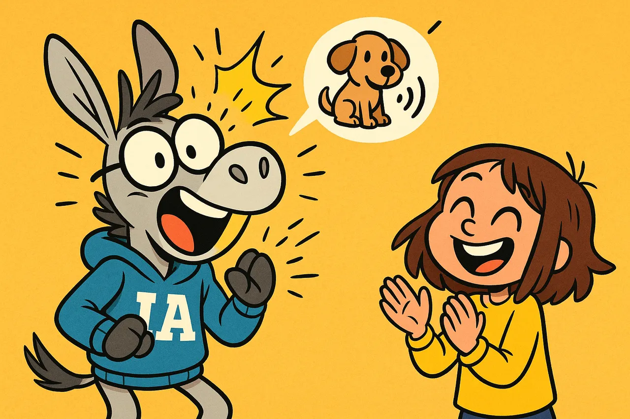 IA, illuminé, comprend enfin en combinant l'image et le son ; Lina applaudit.