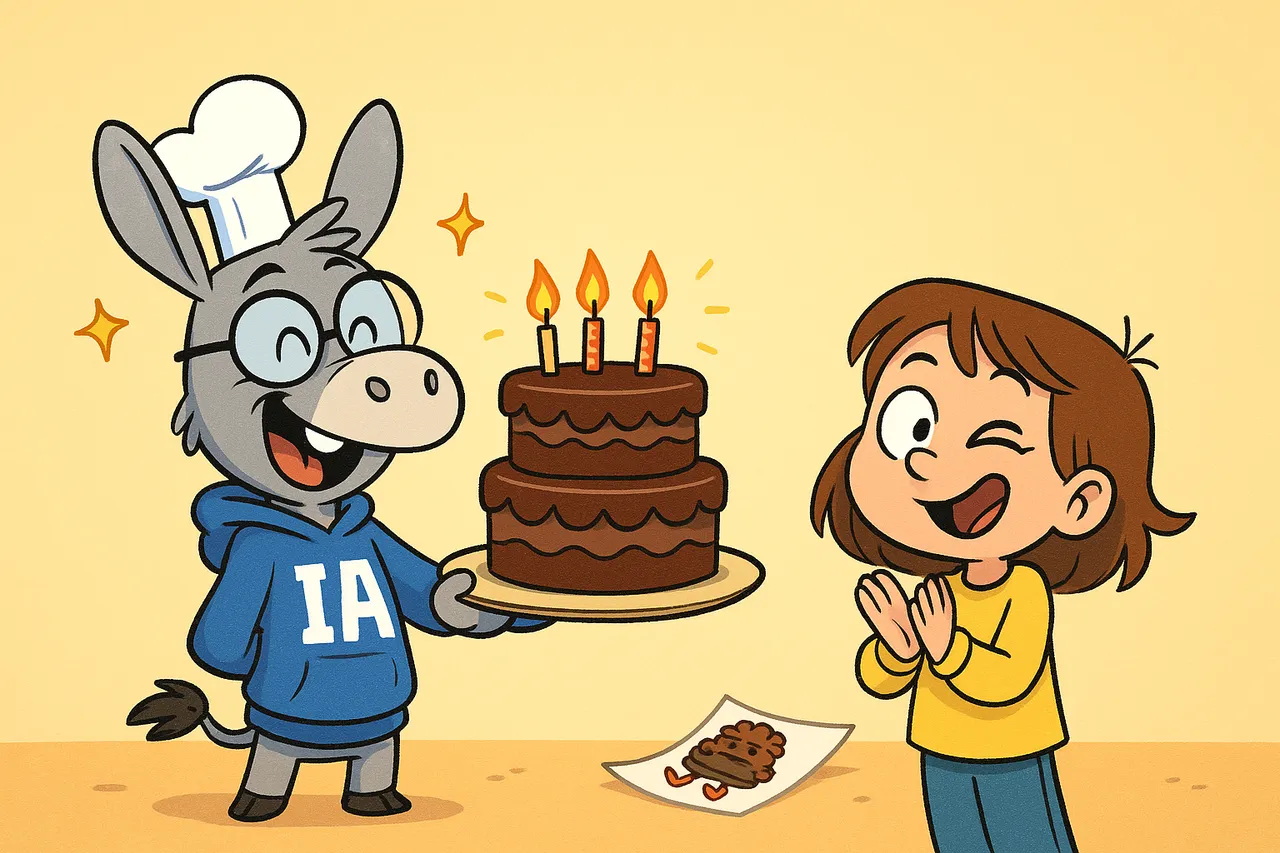 IA présente un magnifique gâteau au chocolat à 3 étages ; Lina applaudit, ravie.