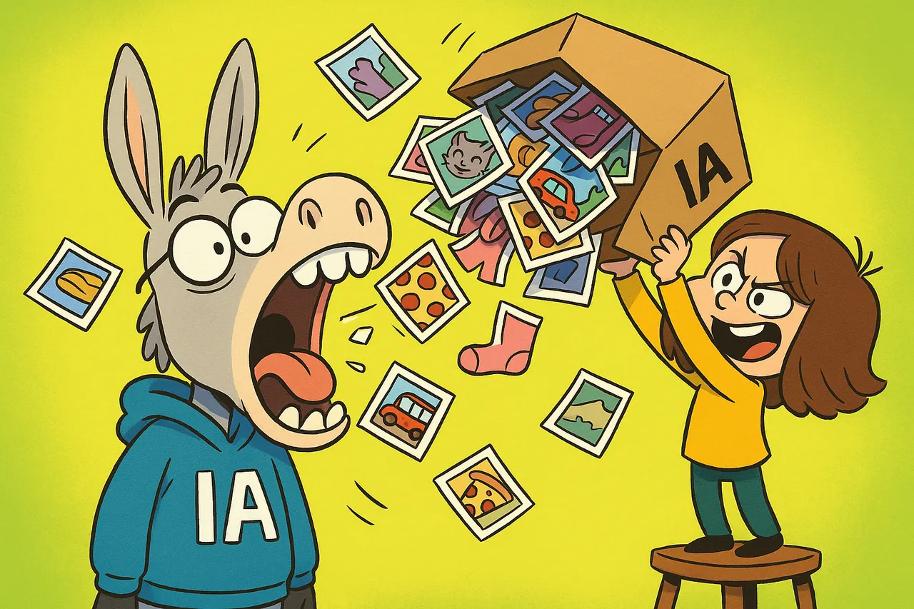 Lina verse un grand carton de photos en vrac dans la bouche de l'âne IA
