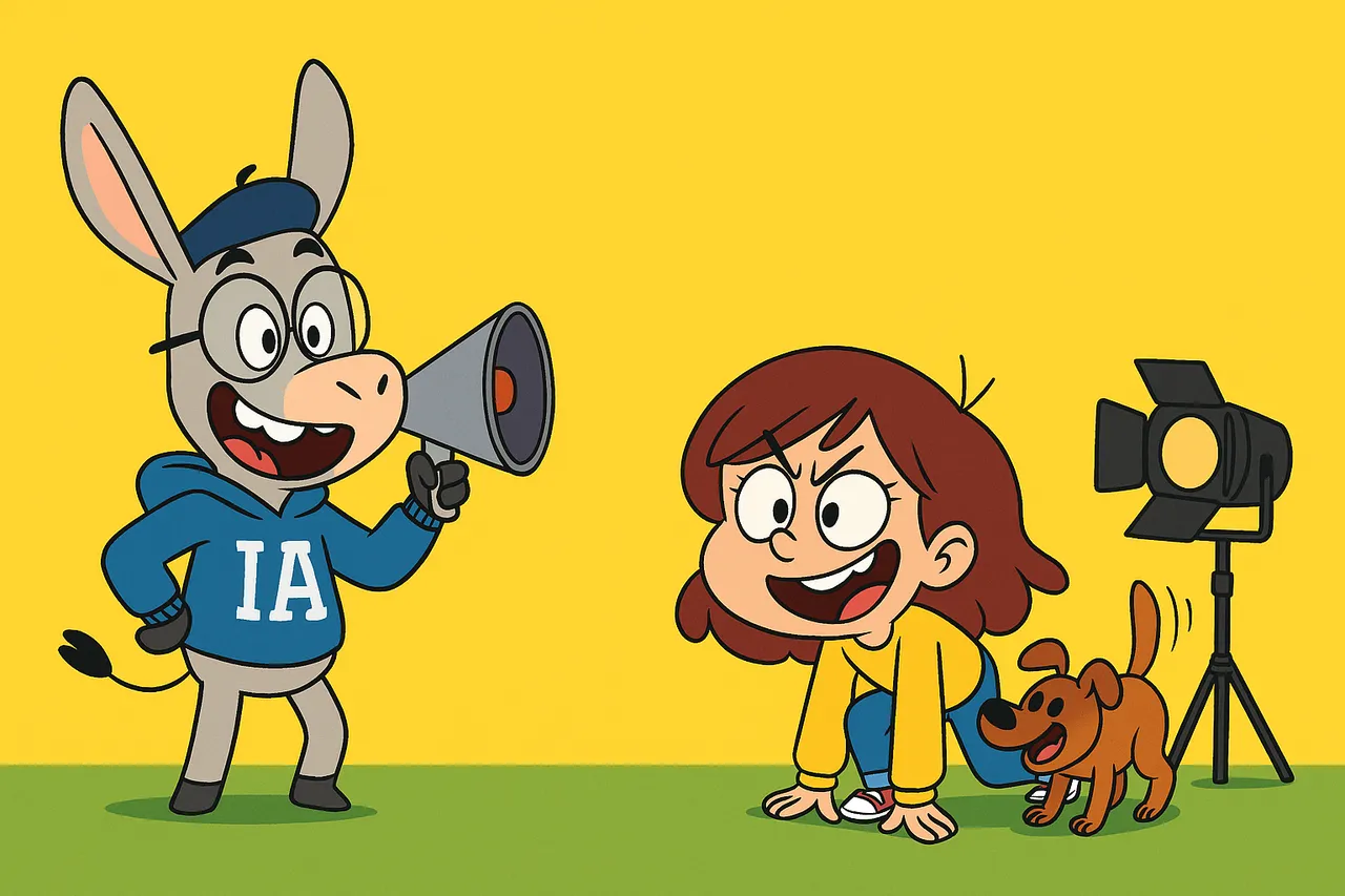 IA, casquette de réalisateur et mégaphone, dirige Lina prête à courir avec son petit chien.