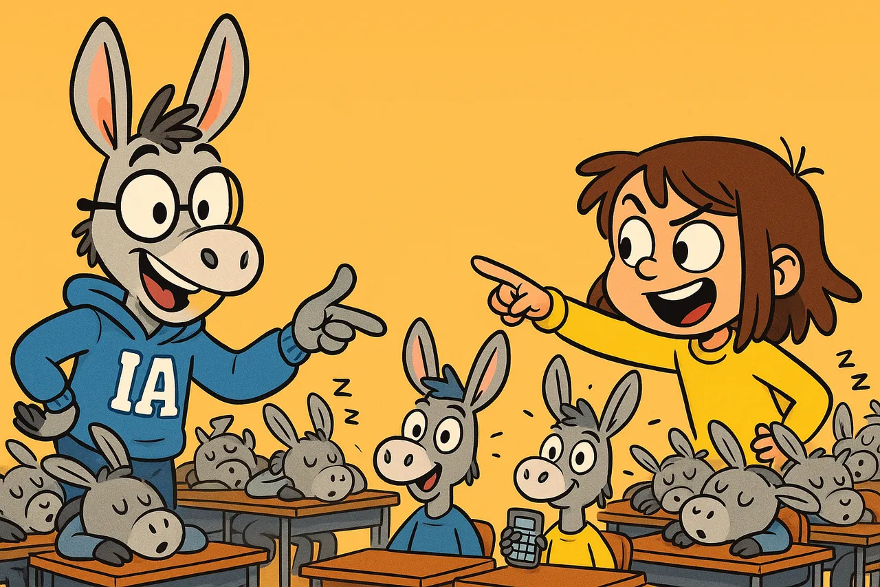 Lina pointe deux ânes-experts qui se lèvent, le reste de la classe dort.