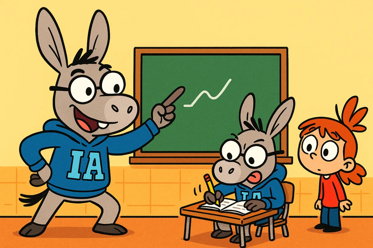 IA géant fait l'école au mini-âne qui prend des notes en accéléré.