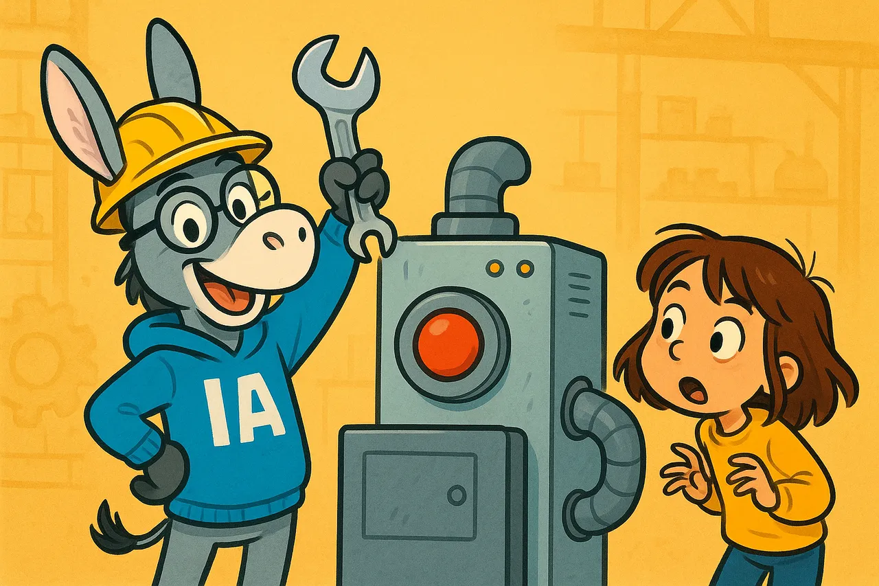 IA en ingénieur présente fièrement une grosse machine unique avec un tuyau.