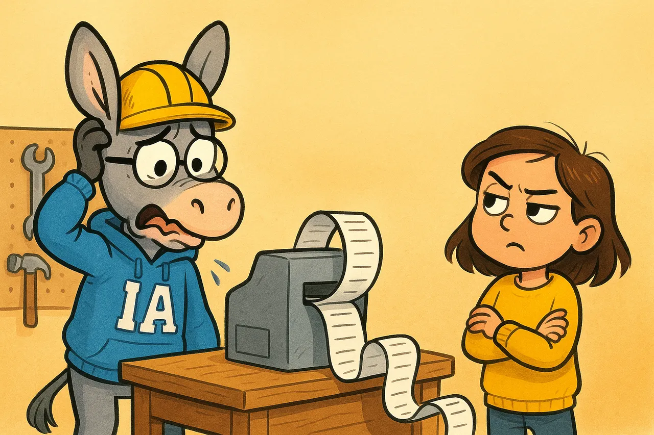 La machine recrache une réponse absurde sur un ticket, IA grimace, Lina lève un sourcil.