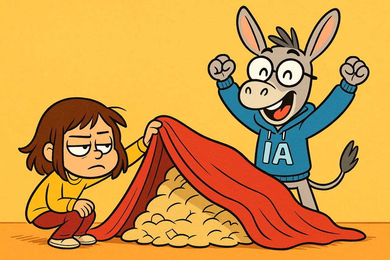 Lina regarde sous le lit, blasée ; IA fier, bras levés.